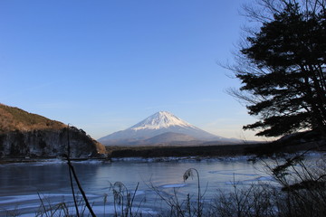 冬の富士山/氷結した精進湖越しの子持ち富士