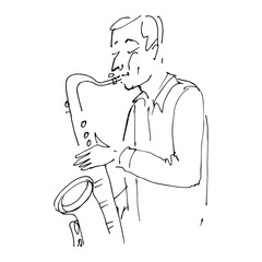 Saxophonist cartoon character, linear hand draw vector illustration