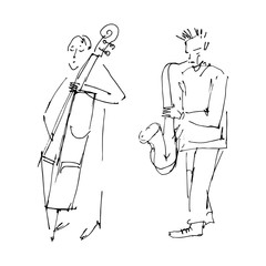 Saxophonist and contrabass player. Jazz band illustration. Musical instruments: saxophone and double bass. Black isolated contour. Hand drawn sketch. Vector