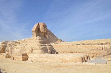Great pyramid of Cheops and Sphinx in Giza plateau.