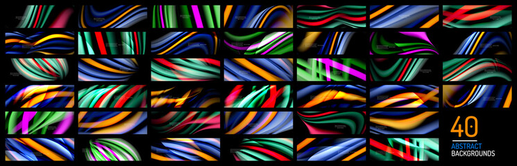Mega collection of colorful flow posters. Wave liquid lines and shapes in black color backgrounds. Vector Illustrations