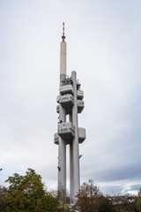 Panorama of the Prague Television Tower, in Zizkov district, in autum during a rainy afternoon....