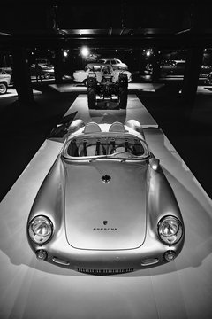 Porsche 550 Spyder. Legendary first Porsche racing car. Vintage racing car on cars exhibition. Classic Car exhibition - Heydar Aliyev Center, Baku, Azerbaijan - 26,04,2017