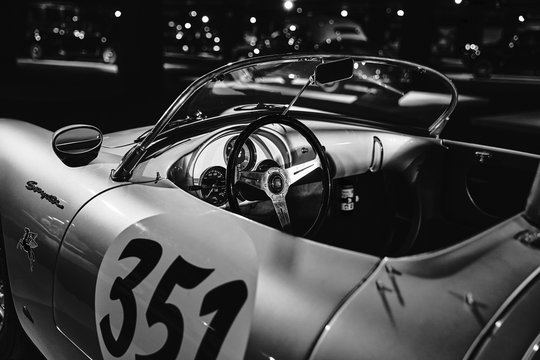 Porsche 550 Spyder. Legendary First Porsche Racing Car. Vintage Racing Car On Cars Exhibition. Classic Car Exhibition - Heydar Aliyev Center, Baku, Azerbaijan - 26,04,2017