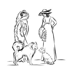 Elegant vintage woman with dog. Female model dressed in 19th century style clothes. Old fashioned. Nostalgia time. Romantic victorian elegant people.