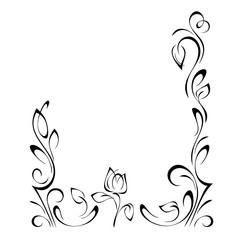 frame 21. Decorative frame with a stylized flower Bud on a stem with leaves and curls in black lines on a white background