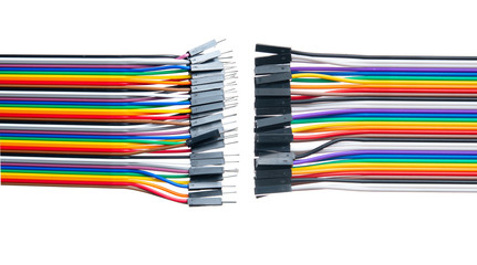 Connector Pins of colorful ribbon cable on white background