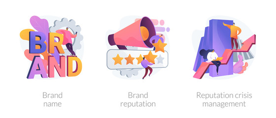 Building brand marketing strategy. Product awareness and recognition campaign. Brand name, brand reputation, reputation crisis management metaphors. Vector isolated concept metaphor illustrations.
