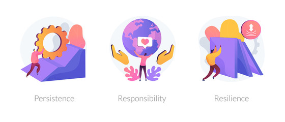 Personal skills development. Self growth and motivation. Career coaching, business training. Persistence, responsibility, resilience metaphors. Vector isolated concept metaphor illustrations.