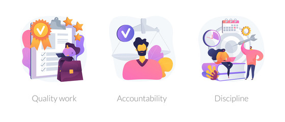 Task and project management icons set. Leadership, career goals and perspectives. Quality work, accountability, discipline metaphors. Vector isolated concept metaphor illustrations.