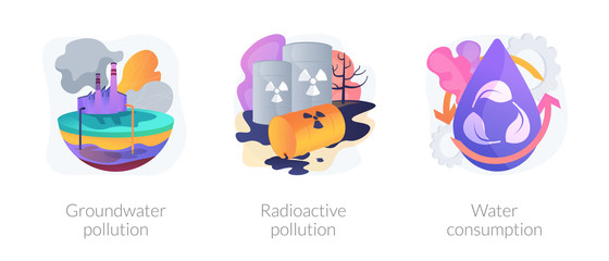 Aqua contamination. Natural resources wasting. Nuclear damage. Groundwater pollution, radioactive pollution, water consumption metaphors. Vector isolated concept metaphor illustrations