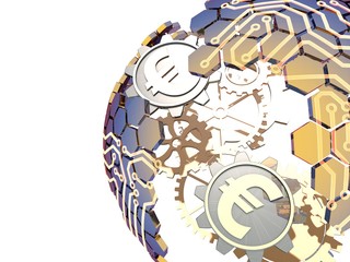 Hexagon consisting of tech globe with gear currency symbols, teamwork and fintech, euro symbol