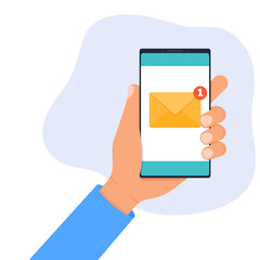 Human hand hold smartphone with new unread inbox email message notification on the screen. Flat cartoon style vector illustration.