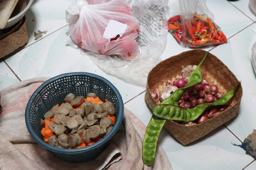Cooking ingredients, pete or petai, meatballs, chili, shallot, carrot, garlic, tomato