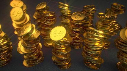 Pile of glitter shiny golden coins 3D render illustration
