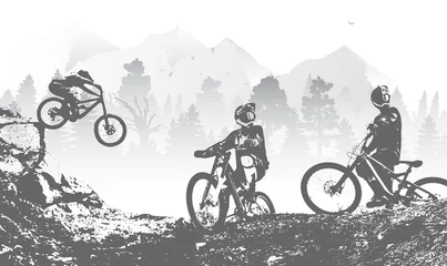 Stoff pro Meter Bestsellern Sport Downhill-Mountainbiking-Freeride- und Enduro-Illustration. Fahrradhintergrund mit Silhouette von Downhill-Fahrern im Berg.