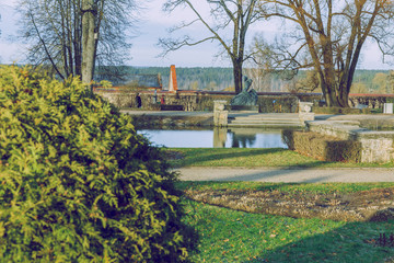 City Cesis, Latvia. In winter, the city park with greenery and sunshine.