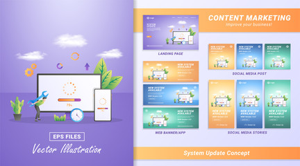 Naklejka na ściany i meble Flat design concept of updating system. The process of upgrading to System Update, replacing newer versions and installing programs. Can use for web landing page, mobile app, web banner.