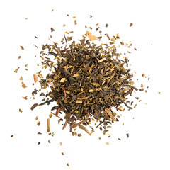 Pile of dry green tea isolated on white background top view food object design