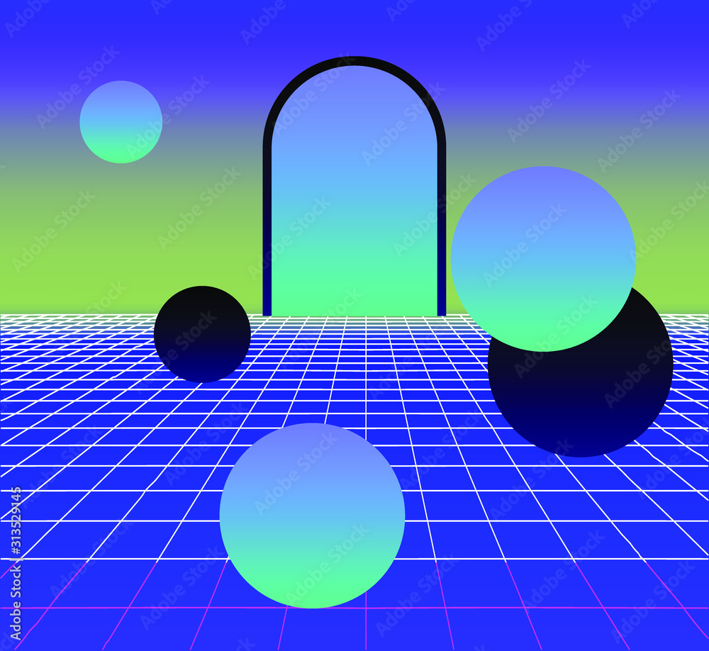 Poster Surreal landscape with neon laser grid, arch and floating spheres in zero gravity. Disco retrofuturistic background in vaporwave and retrowave 80s-90s style.