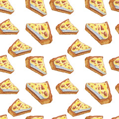 Food dessert illustration. Seamless pattern with colored pencils. chocolate sprinkled cupcake. background with a striped pattern of a pie. menu in cafe restaurant