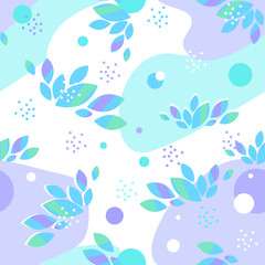 Vector seamless pattern, texture with leaves and abstract elements. Spring gentle colors purple, green, blue, mint. Foliage, dots, circles. Print for textiles, paper, covers.