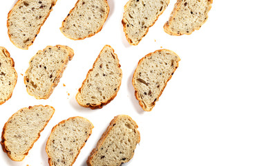 Sliced Kalamata olive bread isolated on white background, top view.