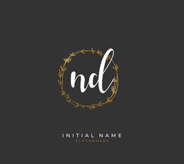 Handwritten initial letter N D ND for identity and logo. Vector logo template with handwriting and signature style.