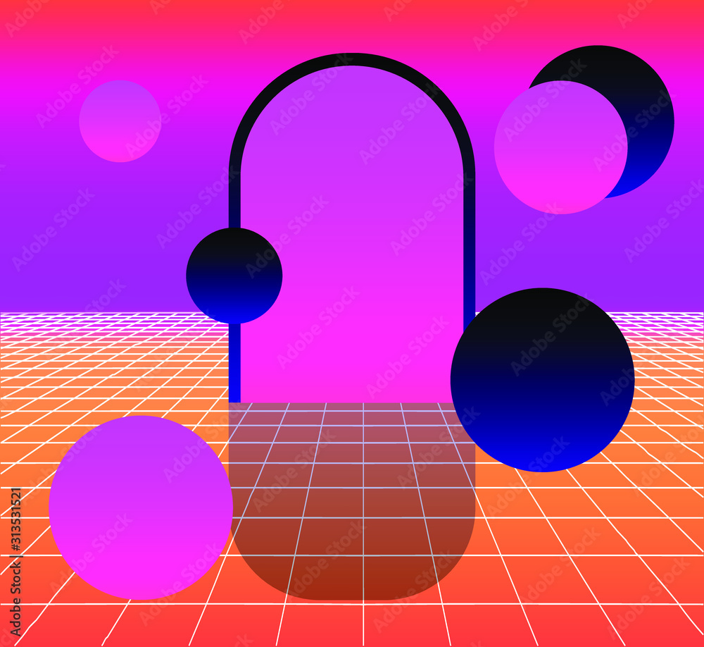 Poster surreal synthwave landscape with neon laser grid, arch and floating spheres in zero gravity. disco r