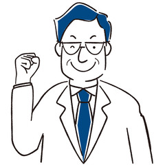 手描き1color 中年ビジネスマン　ガッツポーズ　クラシックブルー