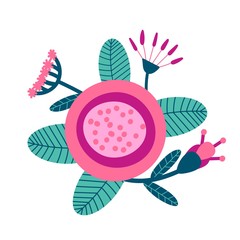 Floral bouquet of hand drawn fantasy folk flowers. Botanical illustration in flat cartoon style. Great as banner, print and card.