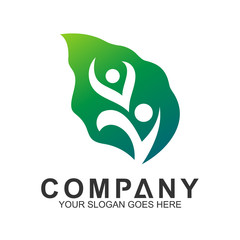 green family logo design, leaf vector with family/human inside