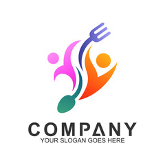 healthy family food, people with spoon and fork logo vector