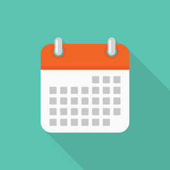 Calendar icon with long shadow on blue background, flat design style