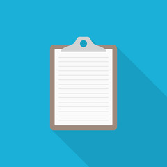 Clipboard icon with long shadow on blue background, flat design style