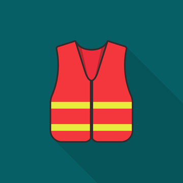 Orange safety vest icon with long shadow on blue background, flat design style