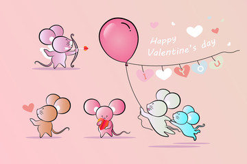 Draw cute rat set lovely mice for happy valentines day.