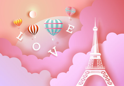 Love with balloons and Heart with eiffel tower.