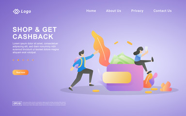 Flat design concept of Cash Back. People get prizes from online shop transactions, cash back programs for loyal customers. Can use for web landing page, marketing material, mobile app, web banner.