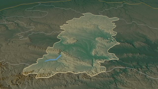 Shumen, province with its capital, zoomed and extruded on the relief map of Bulgaria in the conformal Stereographic projection. Animation 3D