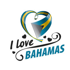 Obraz premium National flag of the Bahamas in the shape of a heart and the inscription I love Bahamas. Vector illustration