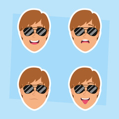 young men heads with sunglasses characters