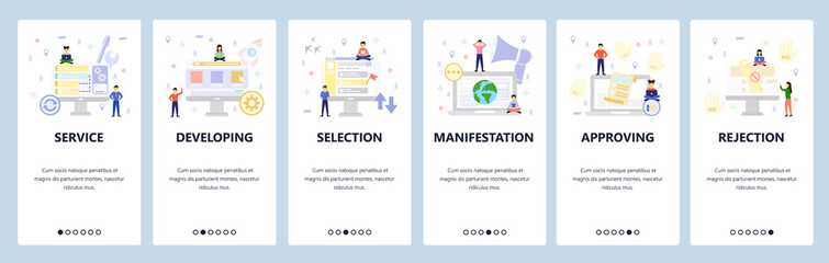 Computer repair service, global promotion, approved and denied. Mobile app onboarding screens. Menu vector banner template for website and mobile development. Web site design flat illustration