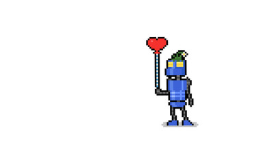 Pixel art short robot with flower on the head.