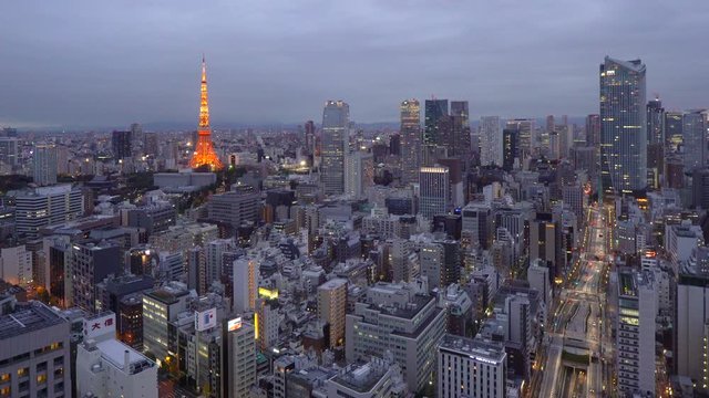 Japan, Tokyo, elevated night view of the city skyline and iconic illuminated Tokyo Tower 