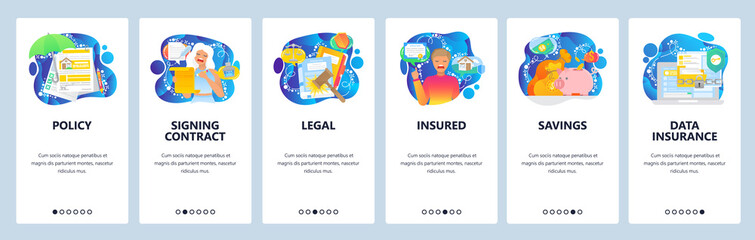 Signing insurance contract, house protection, data security. Mobile app onboarding screens. Menu vector banner template for website and mobile development. Web site design flat illustration