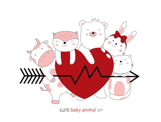 Hand drawn style. Cartoon sketch the cute posture baby animals with heart