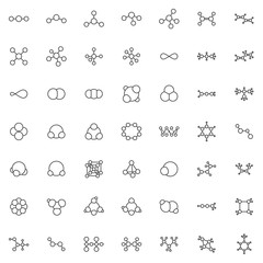 Molecular structure line icons set. Molecular geometry linear style symbols collection, Chemical formula outline signs pack. vector graphics. Set includes icons as methane gas, sulfur, ethane, toluene
