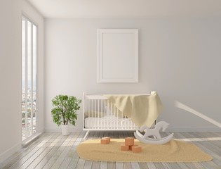 Interior of the children's room with panoramic windows, crib and toys on the floor. Sunshine and a home plant on the floor. 3D rendering. 3D illustration.