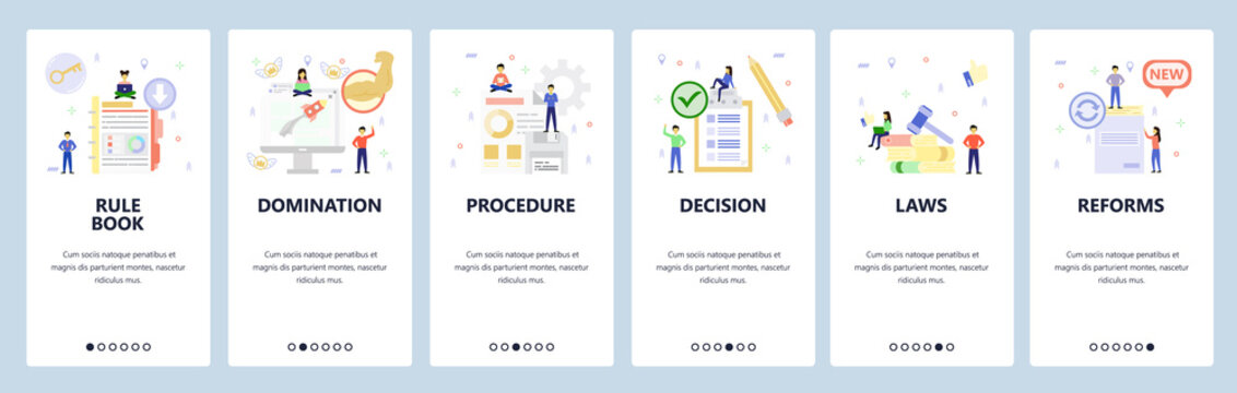 Guide manual book, law, data, business launch. Mobile app onboarding screens. Menu vector banner template for website and mobile development. Web site design flat illustration
